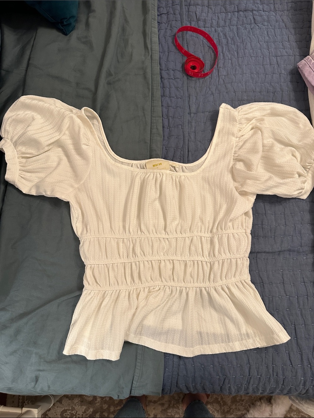 Maeve by Anthropologie Ivory Puff Sleeve Smocked Peplum Blouse β Excellent